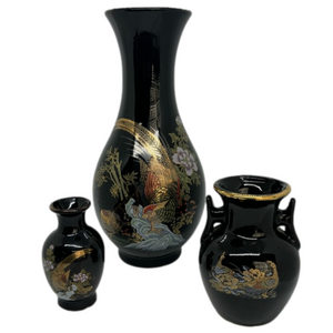 Vintage Japanese Set of 3 Black & Gold Assorted Vases with Golden Pheasant